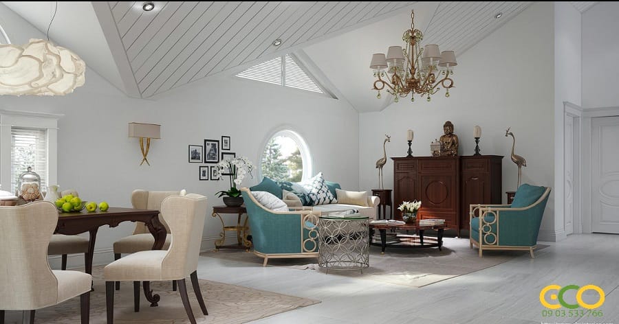 Thiết kế thi công nội thất phòng khách chung cư tân cổ điển 