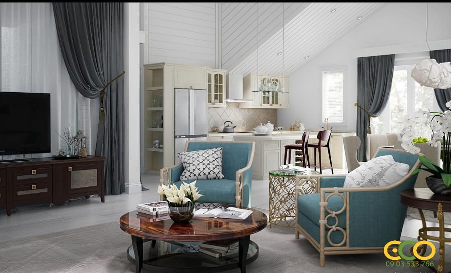 Nội thất phòng khách chung cư tân cổ điển nhẹ nhàng sang trọng