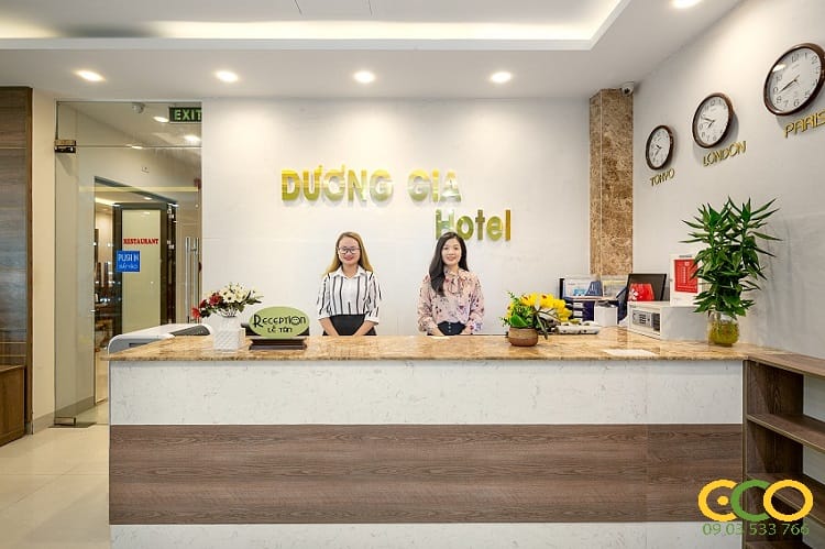 Thiết kế thi công nội thất quầy lễ tân khách sạn sang trọng 