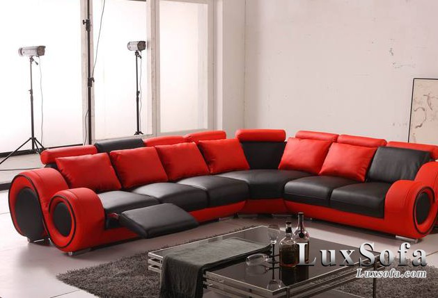 Sofa da góc hai màu đen đỏ SD23 1 sofa da hai mau den do SD23