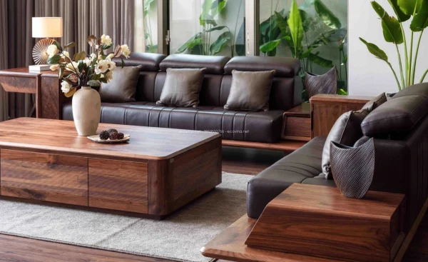 Mẫu Bàn ghế sofa gỗ óc chó phòng khách đẳng cấp